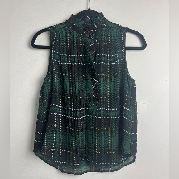 Ann Taylor Tops - NEW Ann Taylor Petite Sz XS Green Plaid Ruffle Pintuck Sleeveless Blouse Top